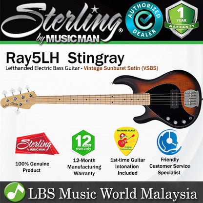 Sterling by Ernie Ball Music Man Stingray Ray5 Lefthanded Electric Bass Guitar- Vintage Sunburst Satin (RAY5LH-VSBS)