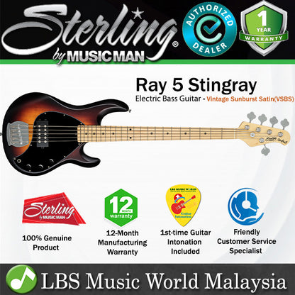Sterling by Ernie Ball Music Man Stingray Ray5 Electric Bass Guitar- Vintage Sunburst Satin (RAY5-VSBS)
