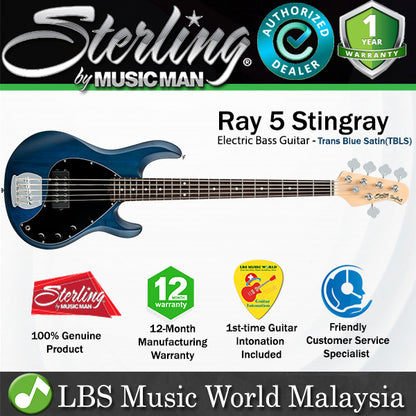 Sterling by Ernie Ball Music Man Stingray Ray5 Electric Bass Guitar- Trans Blue Satin (RAY5-TBLS)