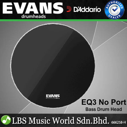 Evans EQ3 Resonant No Port Smooth Bass Drum Head - Black