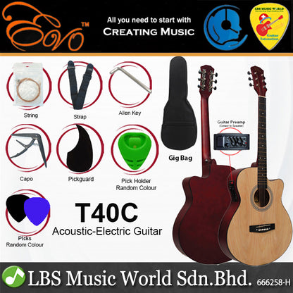 Evo T-40C 40 Inch Concert Acoustic Electric Guitar with Bag and Accessories