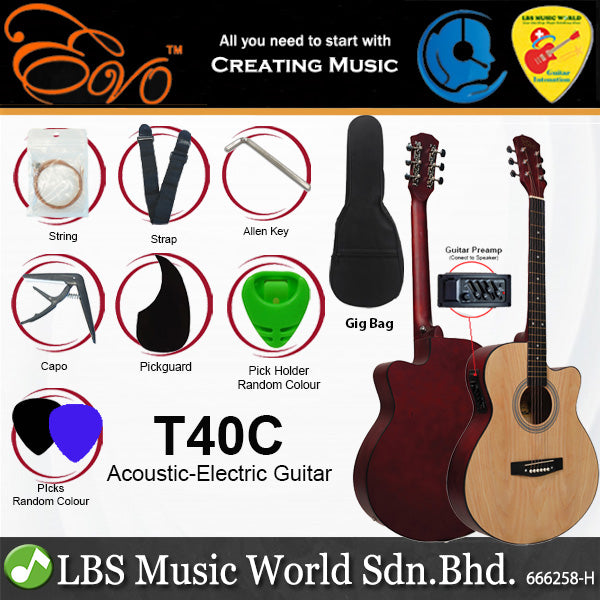 Evo T-40C 40 Inch Concert Acoustic Electric Guitar with Bag and Accessories