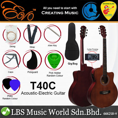Evo T-40C 40 Inch Concert Acoustic Electric Guitar with Bag and Accessories