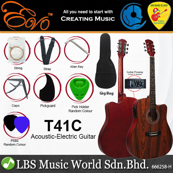 Evo T-41C 41 Inch Acoustic Electric Guitar with Bag and Accessories