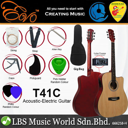 Evo T-41C 41 Inch Acoustic Electric Guitar with Bag and Accessories