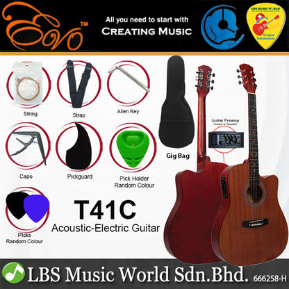 Evo T-41C 41 Inch Acoustic Electric Guitar with Bag and Accessories