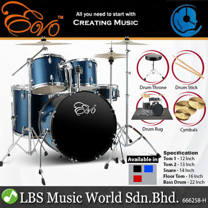 Evo 5 Piece Full Size Acoustic Drum Set with Cymbals Stands, Stool Kit, Rug and Drumsticks - Red, Blue and Black