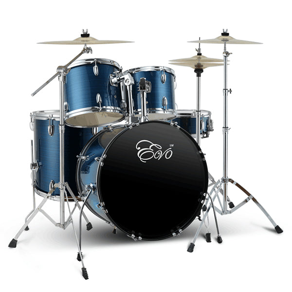 Evo 5 Piece Full Size Acoustic Drum Set with Cymbals Stands, Stool Kit, Rug and Drumsticks - Red, Blue and Black