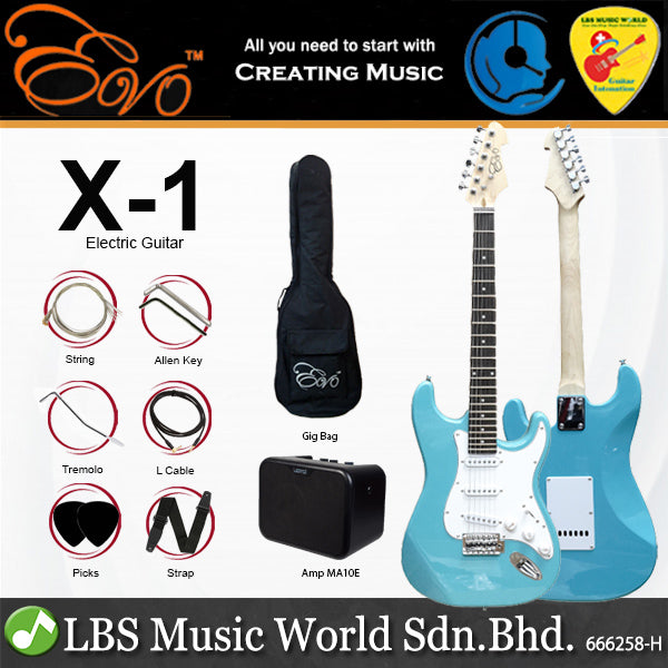 Evo X-1-GR Stratocaster Electric Guitar Linden Wood Body with Amplifier Package Green (X1 GR)