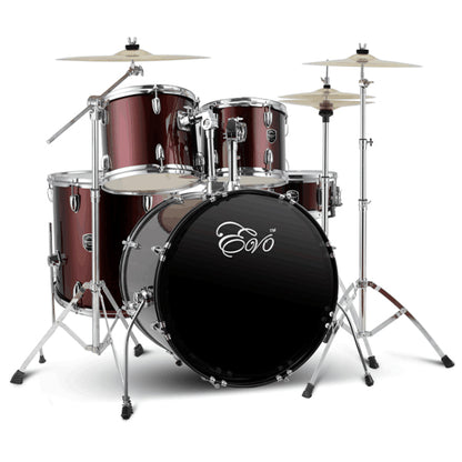 Evo 5 Piece Full Size Acoustic Drum Set with Cymbals Stands, Stool Kit, Rug and Drumsticks - Red, Blue and Black