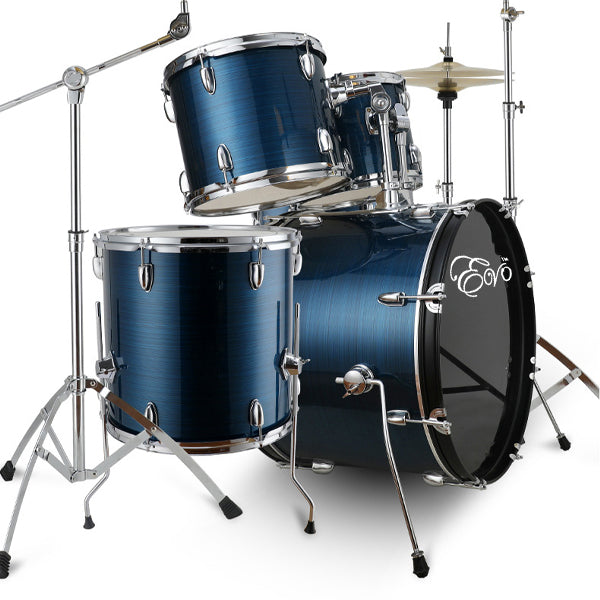 Evo 5 Piece Full Size Acoustic Drum Set with Cymbals Stands, Stool Kit, Rug and Drumsticks - Red, Blue and Black