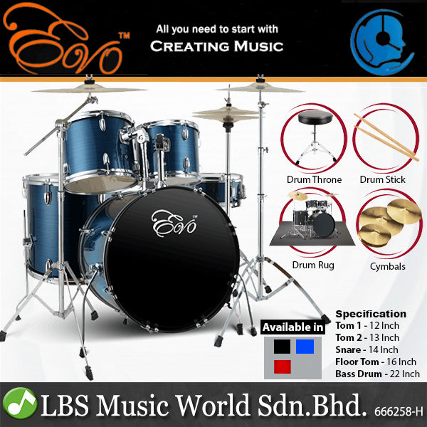Evo 5 Piece Full Size Acoustic Drum Set with Cymbals Stands, Stool Kit, Rug and Drumsticks - Red, Blue and Black