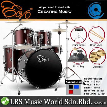 Evo 5 Piece Full Size Acoustic Drum Set with Cymbals Stands, Stool Kit, Rug and Drumsticks - Red, Blue and Black