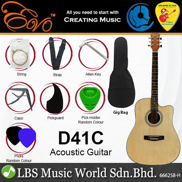 Evo D41C Cutaway Body 41 Inch Acoustic Guitar with Bag and Accesories