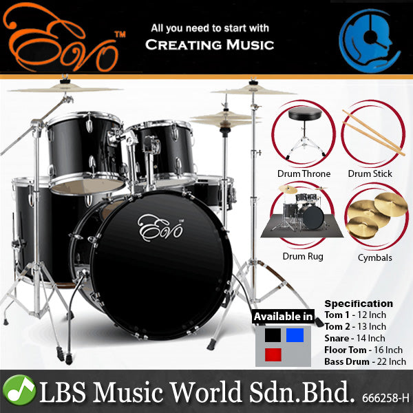 Evo 5 Piece Full Size Acoustic Drum Set with Cymbals Stands, Stool Kit, Rug and Drumsticks - Red, Blue and Black