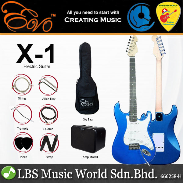 Evo X-1-BL Stratocaster Electric Guitar Linden Wood Body with Amplifier Package Metallic Blue (X1 BL)
