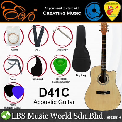Evo D41C Cutaway Body 41 Inch Acoustic Guitar with Bag and Accesories