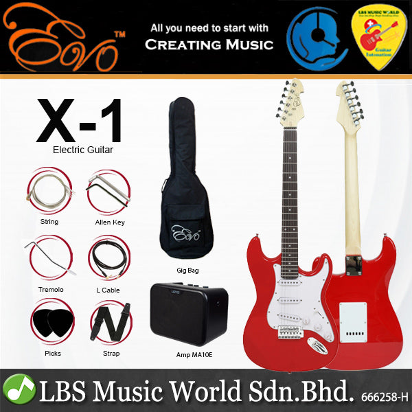 Evo X-1-RD Stratocaster Electric Guitar Linden Wood Body with Amplifier Package Candy Apple Red (X1 RD)