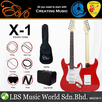 Evo X-1-RD Stratocaster Electric Guitar Linden Wood Body with Amplifier Package Candy Apple Red (X1 RD)