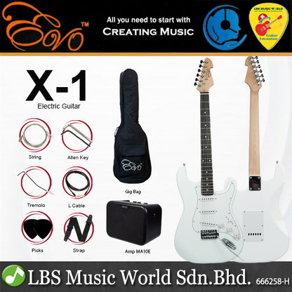 Evo X-1-WH Stratocaster Electric Guitar Linden Wood Body with Amplifier Package Arctic White (X1 WH)