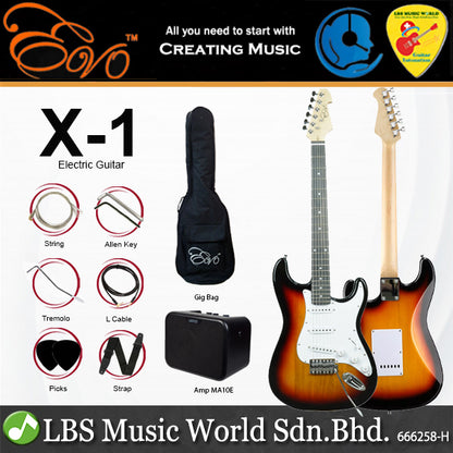 Evo X-1-SB Stratocaster Electric Guitar Linden Wood Body with Amplifier Package Sunburst (X1 SB)