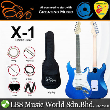 Evo X-1-BL Stratocaster Electric Guitar Linden Wood Body with Amplifier Package Metallic Blue (X1 BL)