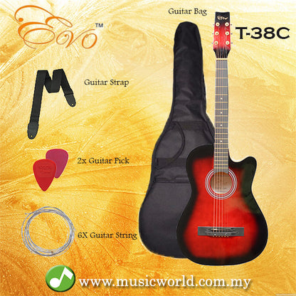 EVO T-38C Red Acoustic Guitar 38 Inch Beginner Guitar Student Guitar Free Bag String Pick Strap