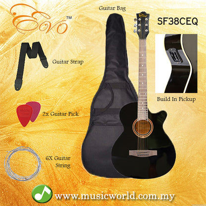 EVO SF38CEQ Black Acoustic Guitar With Pickup 38 Inch Beginner Guitar Pick Up Student Guitar Free Bag String Pick Strap