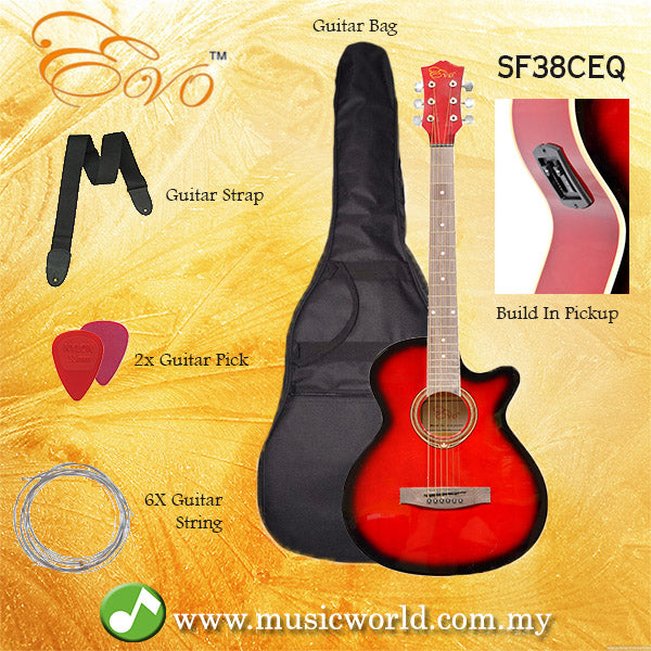 EVO SF38CEQ RED Acoustic Guitar With Pickup 38 Inch Beginner Guitar Pick Up Student Guitar Free Bag String Pick Strap
