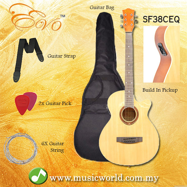 EVO SF38CEQ Natural Acoustic Guitar With Pickup 38 Inch Beginner Guitar Pick Up Student Guitar Free Bag String Pick Strap