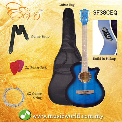 EVO SF38CEQ Blue Acoustic Guitar With Pickup 38 Inch Beginner Guitar Pick Up Student Guitar Free Bag String Pick Strap