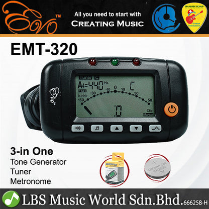EVO EMT-320 3 in 1 Tuner Metronome Guitar Chromatic Guitar Violin Ukulele Bass Clip (EMT320)