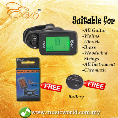 EVO ET-37 Digital Tuner Rotate Clip On Vibration Tuning Chromatic Guitar Violin Ukulele Bass