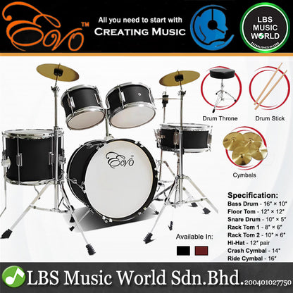 Evo 5 Pieces Junior Drum Kit Compact Complete Set with Hardware Cymbals Throne