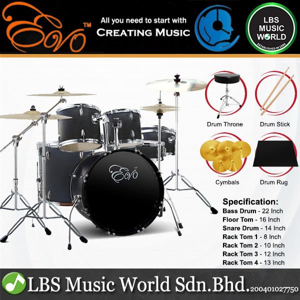 Evo 7 Pieces Acoustic Drum Complete Set with 22 Inch Bass Drum and 4 Cymbals - Black with Wood Grain Finish