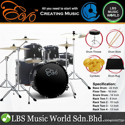 Evo 7 Pieces Acoustic Drum Complete Set with 22 Inch Bass Drum and 4 Cymbals - Black with Wood Grain Finish