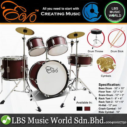 Evo 5 Pieces Junior Drum Kit Compact Complete Set with Hardware Cymbals Throne