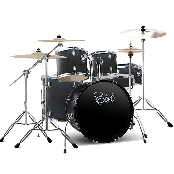 Evo 7 Pieces Acoustic Drum Complete Set with 22 Inch Bass Drum and 4 Cymbals - Black with Wood Grain Finish