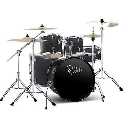 Evo 7 Pieces Acoustic Drum Complete Set with 22 Inch Bass Drum and 4 Cymbals - Black with Wood Grain Finish