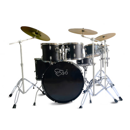 Evo 7 Pieces Acoustic Drum Complete Set with 22 Inch Bass Drum and 4 Cymbals - Black with Wood Grain Finish