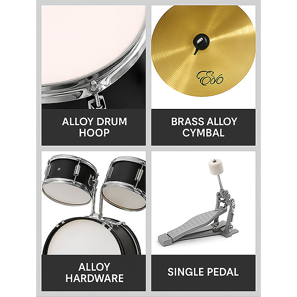 Evo 5 Pieces Junior Drum Kit Compact Complete Set with Hardware Cymbals Throne