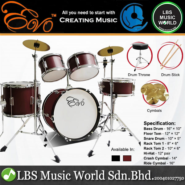 Evo 5 Pieces Junior Drum Kit Compact Complete Set with Hardware Cymbals Throne