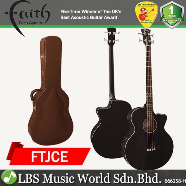 Faith FTJCE Eclipse Jupiter Titan Full Bodied Jumbo Full Solid Black Acoustic Electric Bass Guitar Pickup with Case