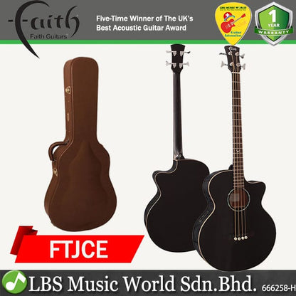 Faith FTJCE Eclipse Jupiter Titan Full Bodied Jumbo Full Solid Black Acoustic Electric Bass Guitar Pickup with Case