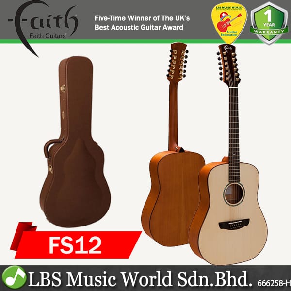 Faith FS12 Natural Saturn 12 String Dreadnought Full Solid Acoustic Guitar with Case