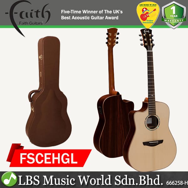 Faith FSCEHGL HiGloss Saturn Cutaway Electro Lefthanded Dreadnought Full Solid Acoustic Electric Guitar Pickup with Case