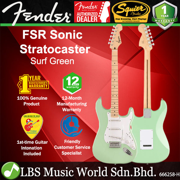 Squier By Fender FSR Sonic Stratocaster Electric Guitar With White Pickguard And Maple Fretboard - Surf Green