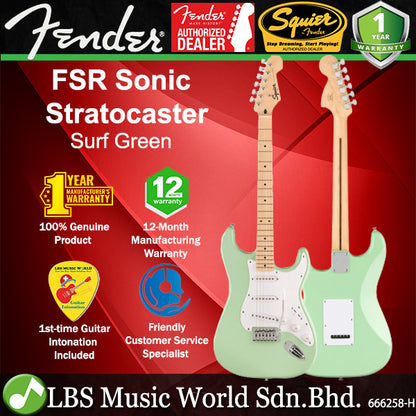 Squier By Fender FSR Sonic Stratocaster Electric Guitar With White Pickguard And Maple Fretboard - Surf Green