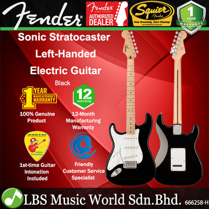 Squier By Fender Sonic Stratocaster Left Handed Electric Guitar With Ceramic Single Coil Pickup and Maple Fretboard - Black