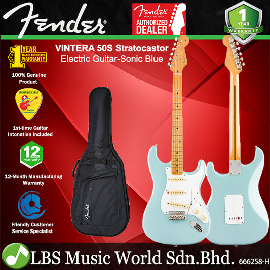 Fender Mexico Vintera 50s Stratocaster Electric Guitar with SSS Pickup Tremolo and Deluxe Gig Bag - Sonic Blue